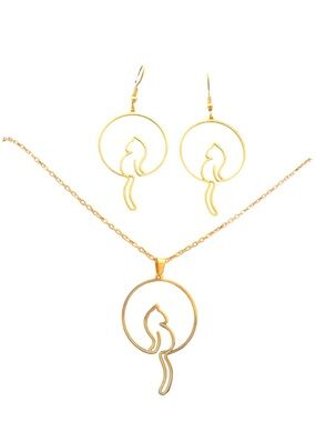 Stainless Gold Cat Silhouette Necklace and Earring Set